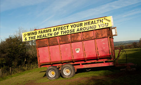 Anti wind turbine : Banner slogan on trailer protesting against windfarms in Carmarthenshire