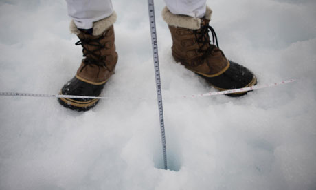 John Vidal in Arctic : Scientist John Fletcher from Cambridge University Measuring Arctic Sea Ice