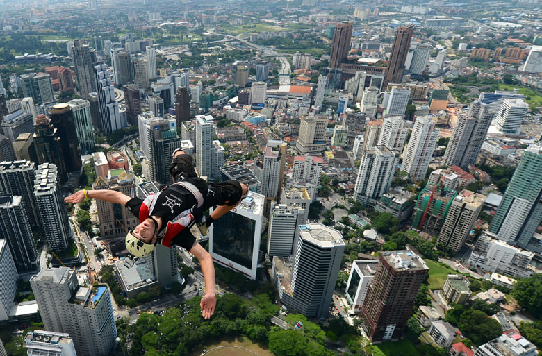 Base jumper Andrei Nefedov from Kuala Lumpur Tower