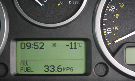 Dashboard of a car showing fuel consumption