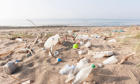 Sea plastic pollution: Plastic bottles and other rubbish washed up on a beach