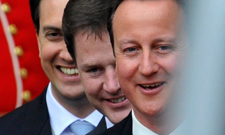 Britain's political leaders Nick Clegg, David Cameron and Ed Miliband