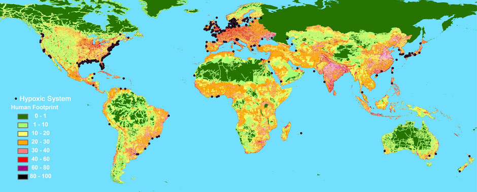 Map showing ocean dead zones. With more than 400 oxygen-starved dead zones 