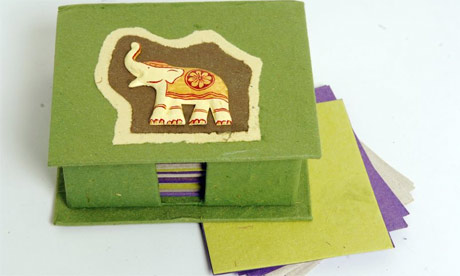 Box of note paper made with paddy paper and elephant dung in Sri Lanka by Natural Collection. Photograph: Linda Nylind