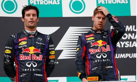 Mark Webber, left, wasn't happy about team-mate Sebastian Vettel's Grand Prix win in Malaysia