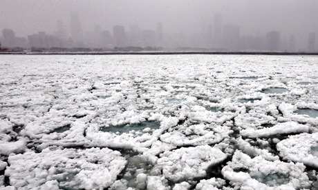 Extreme weather and polar vortex : Chicago Lake Michigan  during deep freeze 