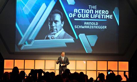 Arnold Schwarzenegger on stage during Jameson Empire Film Awards 2014