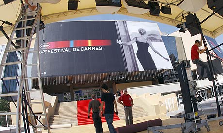 Workers prepare the Palais des Festivals for the start of the 2009 Cannes film festival