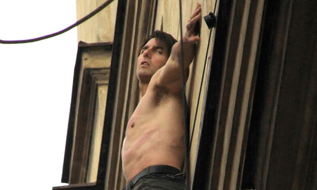 Heading for a fall? ... Tom Cruise shoots a scene for Mission: Impossible IV.