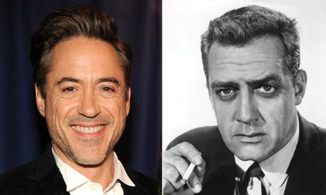 Robert Downey Jr, left, and Raymond Burr as Perry Mason in the 1957-66 TV series.