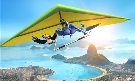 Gliding stars ... Rio soared over Russell Brand's Hop and Wes Craven's Scre4m.
