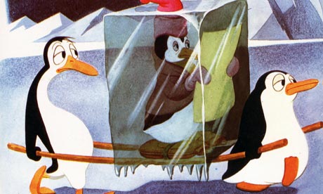 Del Connell's The Cold-Blooded Penguin: two penguins carry a third, encased in a block of ice