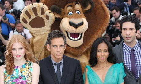Jada Pinkett Smith with her co-stars and a lion at the Madagascar 3 photocall