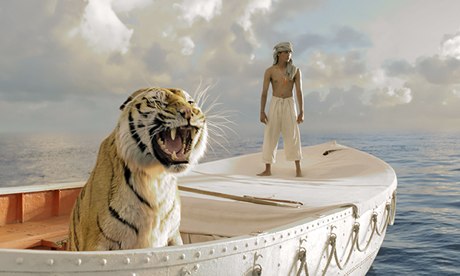 King the tiger as Richard Parker, with Suraj Sharma as Pi, in Ang Lee's Life of Pi.
