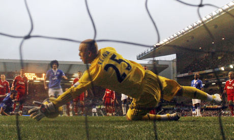 Pepe Reina with the saves that put Liverpool in the match. Photo from Guardian.co.uk