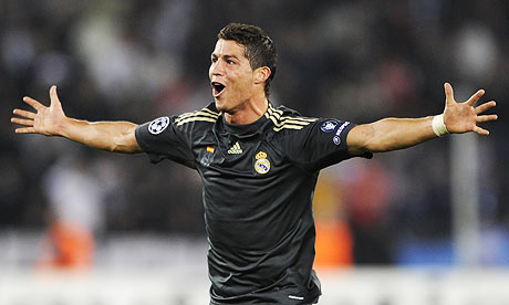 Cristiano Ronaldo Goal on Cristiano Ronaldo Celebrates Scoring His First Champions League Goal