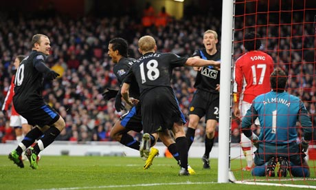 Nani celebrates scoring at Arsenal