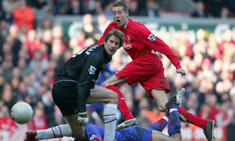 Peter Crouch scores for Liverpool against Manchester United