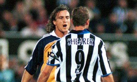 David Ginola has words with Alan Shearer during the Premier League match 