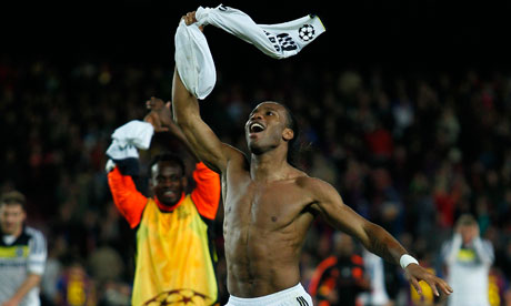 Chelsea's Didier Drogba celebrates after helping his side to a famous victory over Barcelona