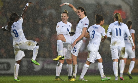 Jill Scott celebrates with her England team-mates after scoring against Bosnia-Herzegovina