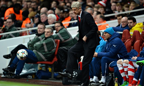 Arsène Wenger kicks the ball back into play during Arsenal's Champions League tie against Monaco