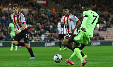 Raheem Sterling scores Manchester City's fourth goal in the Capital One Cup tie against Sunderland