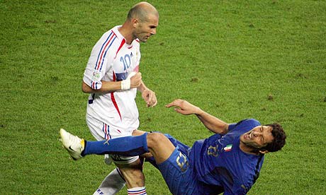 Zinedine Zidane head-butts Marco Materazzi in the 2006 World Cup final
