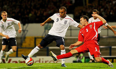 Gabriel Agbonlahor scores England's winning goal at Ninian Park