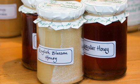 Jars of English blossom honey and lavender honey