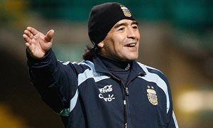Diego Maradona takes his first training session before Argentina's game against Scotland