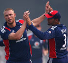 Andrew Flintoff celebrates taking the wicket of Gautam Gambhir in the third ODI against India