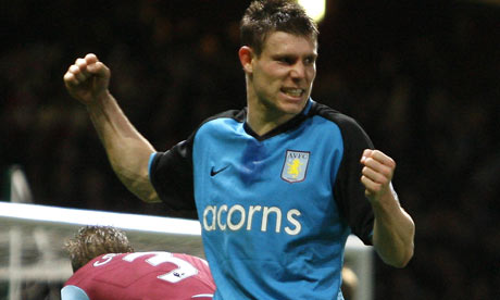 Summer recruit James Milner celebrates scoring a deflected goal for Aston Villa against West Ham