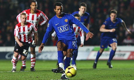 Nani of Manchester United scores their second goal