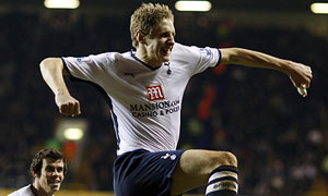 Michael Dawson celebrates scoring Tottenham's equaliser against Burnley in the Carling Cup