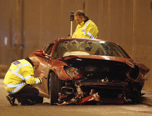 Cristiano Ronaldo's crashed Ferrari is seen in a tunnel near Manchester airport