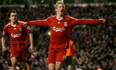 Liverpool's Fernando Torres celebrates scoring his second goal against 
