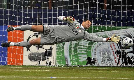 Ronaldo Diving on Inter Goalkeeper Julio Cesar Dives For The Ball As Cristiano Ronaldo S