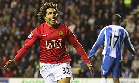 Carlos Tevez of Manchester United against Wigan Athletic