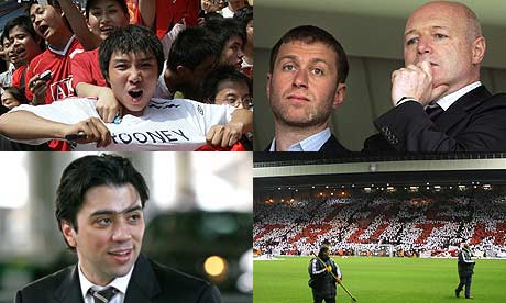 Manchester United fans; Roman Abramovich and Peter Kenyon; Kia Joorabchian; and Liverpool fans