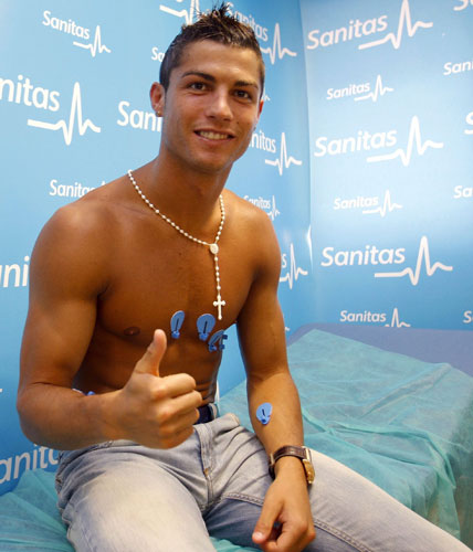 Cristiano Ronaldo: Cristiano Ronaldo gives a thumbs up during his Real Madrid medical