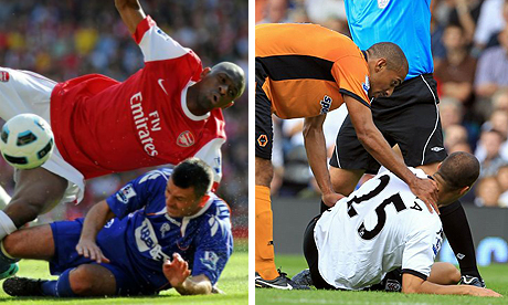 Paul Robinson chops down Abou Diaby, left, while Karl Henry offers his sympathy to Bobby Zamora