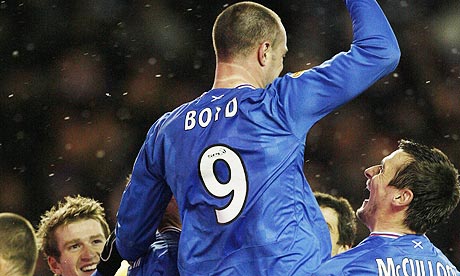 Rangers' Kris Boyd is congratulated on his hat-trick goal against Dundee United