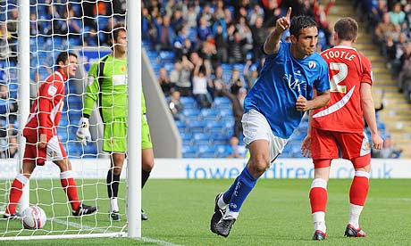 Jack Lester scores the first goal of his hat-trick against Crewe