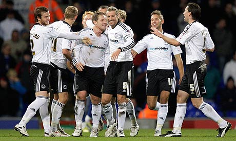 Derby celebrate in the win at Ipswich
