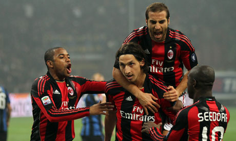 Zlatan Ibrahimovic celebrates scoring against Inter