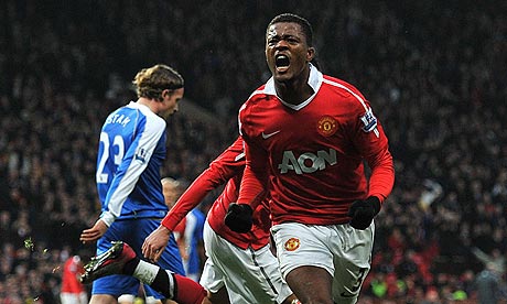 Patrice Evra opened the scoring for Manchester United against Wigan Athletic just before halftime