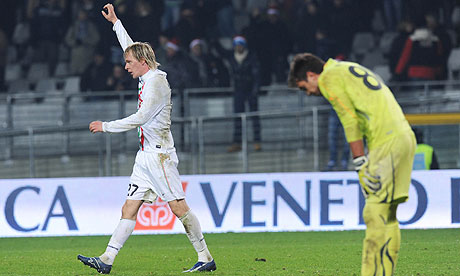 Juventus's Milos Krasic celebrates after his team's winning goal against Lazio
