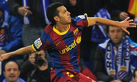 Barcelona's Pedro Rodriguez celebrates after putting his side in front