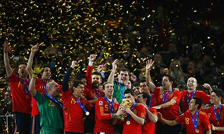 The Spanish players celebrate their World Cup victory against Holland.